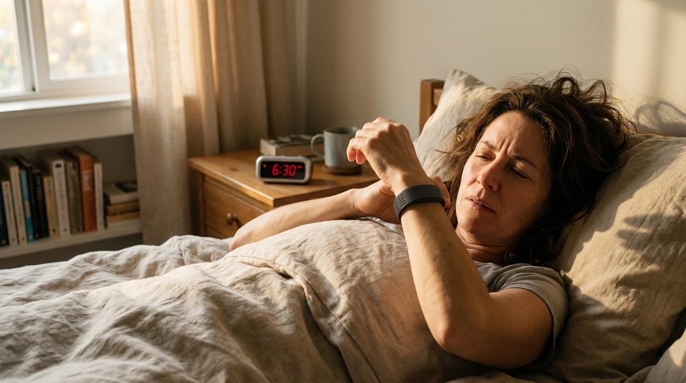Deep sleeper waking in a calm bedroom with a wearable vibrating alarm clock and bedside digital clock